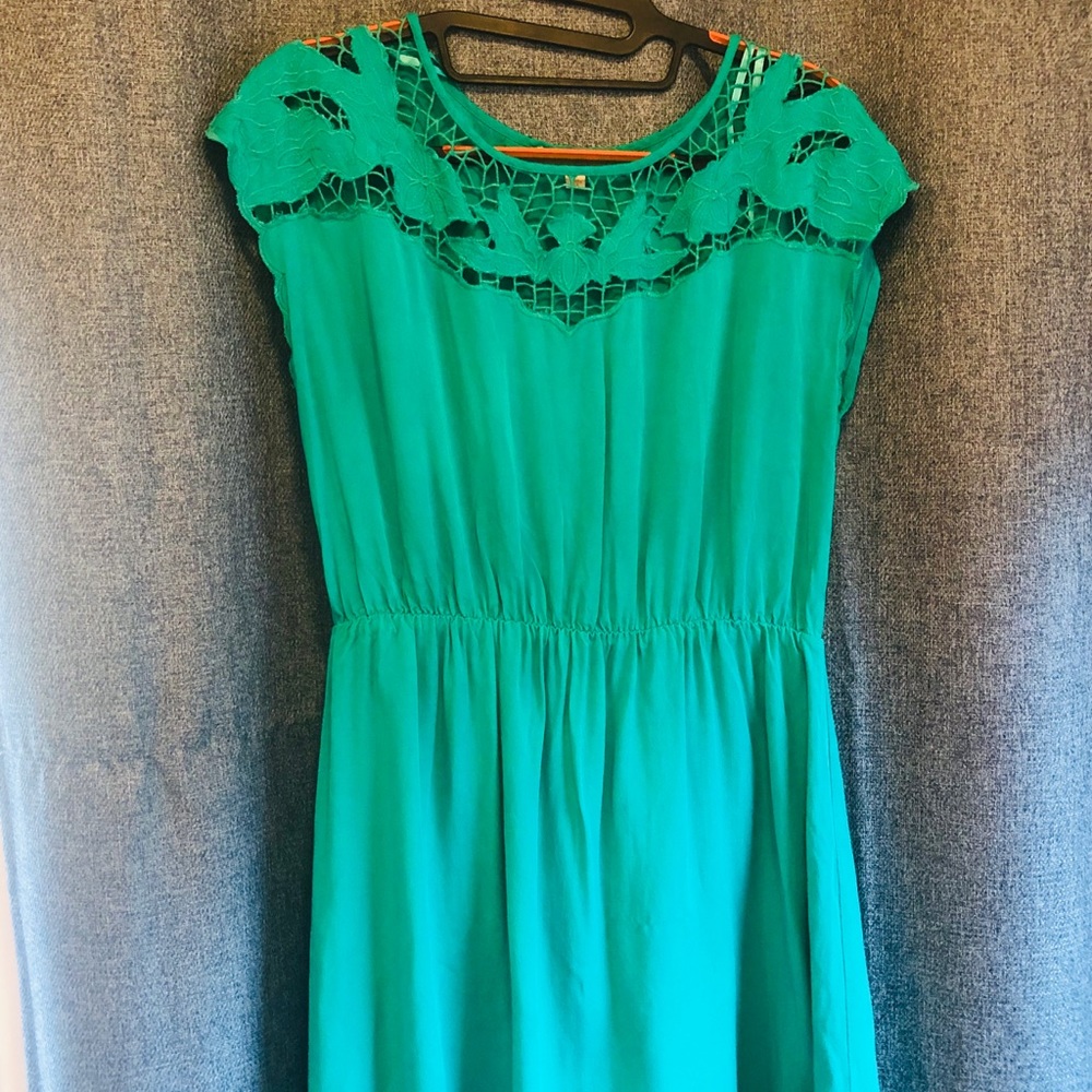 Teal Green Mini Dress with crochet embroid…